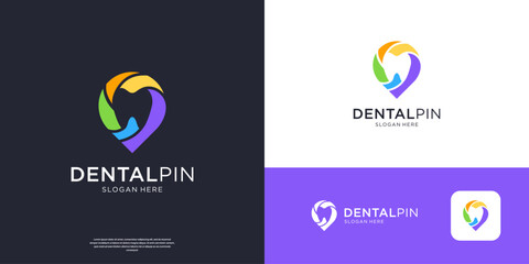 Colorful dental care logo with point pin location symbol logo design.