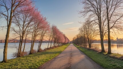 Scenic Riverside Pathway Adorned with Winter Trees