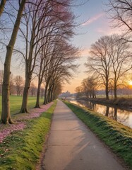 Fototapeta premium Scenic Riverside Pathway Adorned with Winter Trees