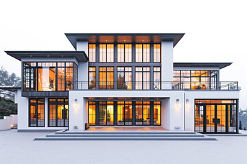 A contemporary Craftsman residence with a striking facade, large windows, and sleek finishes, blending modern sophistication with traditional charm against a solid white background