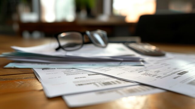 paper utility bills on the table at home. close-up financial documents paperwork on desk. Place for the inscription. financial problem and challenge concept.