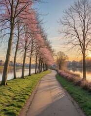 Scenic Riverside Pathway Adorned with Winter Trees