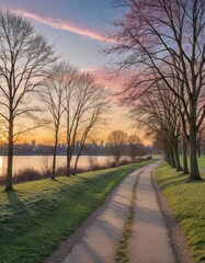 Obraz premium Scenic Riverside Pathway Adorned with Winter Trees