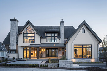 A contemporary Craftsman residence with a mix of materials, angular rooflines, and large windows, creating a striking visual presence against a solid white background