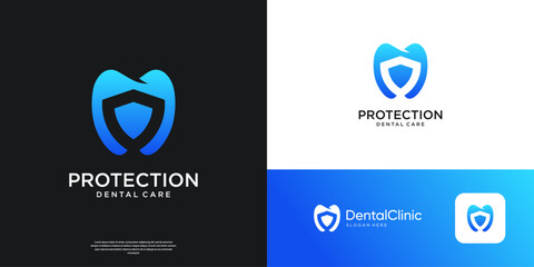 Abstract dental clinic and shield protection logo design.