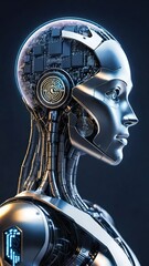 Artificial intelligence bitcoin robot, crypto currency, cyber security, financial futuristic digital tecnology concept image.