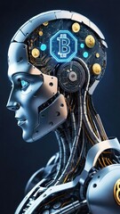 Artificial intelligence bitcoin robot, crypto currency, cyber security, financial futuristic digital tecnology concept image.