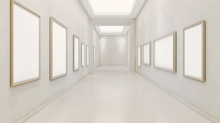 Minimalist series of elongated narrow empty frames on a creamy white wall.