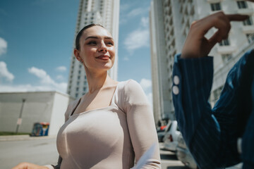 Confident young woman standing outdoors in an urban setting with high-rise buildings under a sunny...