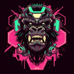Angry gorilla mascot in vector logo style, e-sport gamer t-shirt design, on isolated background.