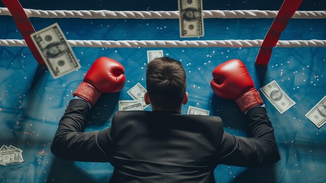 Businessman fall loser fight knockout fighting in boxing ring. Business failed and loss, feeling so stressed and tired concept financial problem and challenge concept. - Powered by Adobe