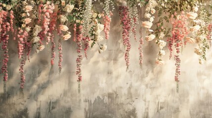 wall with flowers hanging from the ceiling, floor to wall backdrop, muted pastel colors, distressed and weathered look, vintage style, hanging wisteria, roses, peonies, calla lilies, stock photo,