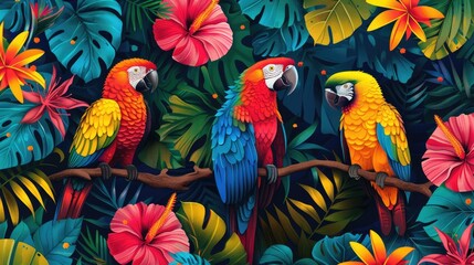 Vibrant Tropical Parrots Amid Lush Jungle Foliage with Colorful Hibiscus Flowers