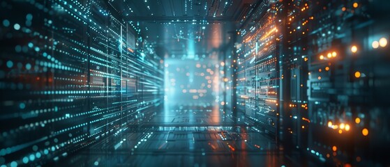 Obraz premium Futuristic digital data stream with glowing lights, representing modern technology, big data, and fast connection in a virtual space.