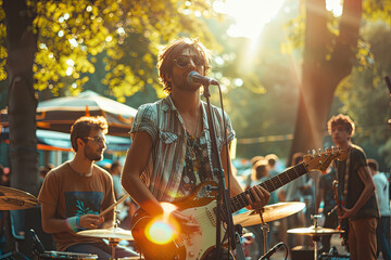Live Outdoor Band Performance at Sunset in a Vibrant Park Setting