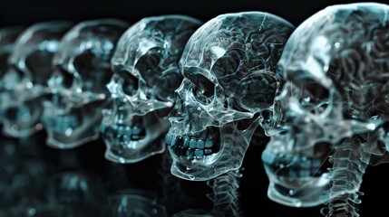 A row of realistic human anatomical skulls arranged in a straight line set against a solid black backdrop provides a striking visual for scientific study.