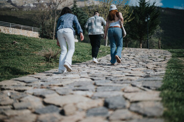 Three friends laughing and walking together on a sunny day along a scenic cobblestone path, conveying a sense of freedom and enjoyment.