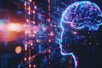 Abstract human head profile with glowing digital brain