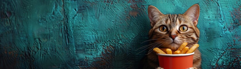 Adorable tabby cat holding a red cup of fries against a turquoise background. Cute feline themed stock image perfect for various uses.