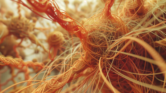 A 3D rendered of the cytoskeleton inside a cell, displaying microtubules, actin filaments, and intermediate filaments 