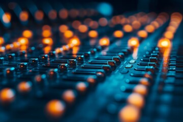 Fototapeta premium Close-up photos of an illuminated audio mixing soundboard with blue and orange LED lights, showcasing detailed knobs and sliders