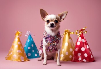 bright banner advertisement space copy dog puppy party solid outfits chihuahua birthday creative invitation fashionable group background text olated animal vibrant concept