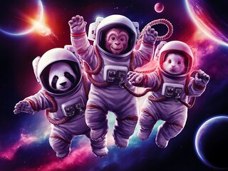 set of baby animals in a spacesuit in space