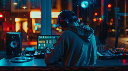 Obraz premium DJ at Desk Mixing Music