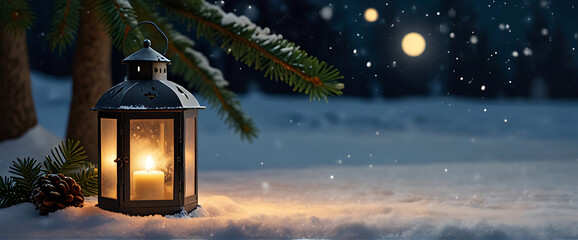 Christmas Decorations lantern on snow, Christmas ball and pinecone with copy-space on snow background. Christmas background