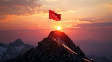 Triumphant Flag on Mountain Peak