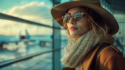 A confident young woman in a trendy hat and sunglasses navigates a bustling airport terminal in...