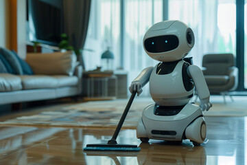 A humanoid ai robot vacuuming a living room. The theme of the evolution of artificial intelligence.