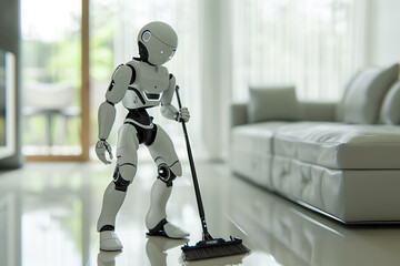 A humanoid ai robot vacuuming a living room. The theme of the evolution of artificial intelligence.