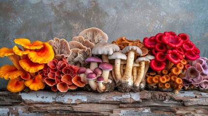 A variety of exotic mushrooms displayed on a rustic wooden table,