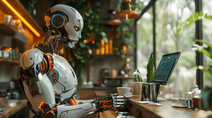 An AI robot cyborg making coffee with a coffee machine. The theme of the evolution of artificial intelligence.