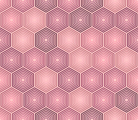 Abstract mosaic background. Red color tones gradients. Stacked hexagons mosaic pattern. Large hexagon shapes. Seamless pattern. Tileable vector illustration.