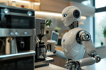 An AI robot cyborg making coffee with a coffee machine. The theme of the evolution of artificial intelligence.