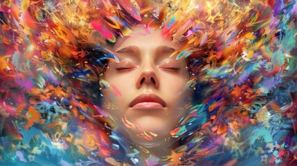 A serene woman with closed eyes surrounded by vibrant, swirling abstract colors representing creativity, imagination, and tranquility.