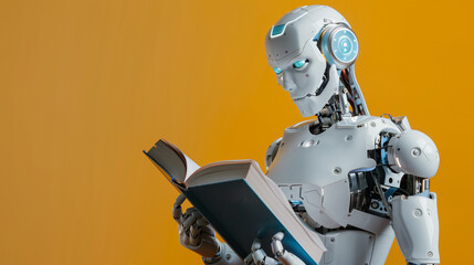 AI humanoid robot holding and reading an open book, symbolizing the evolution of technology and knowledge.