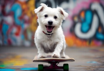 happy image white maltese ng dog modern riding 3d skateboard photography concept graffiti background olated - Powered by Adobe