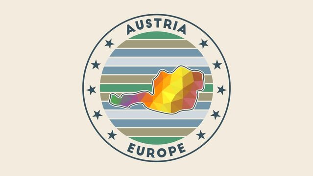 Austria intro video. Badge with the circular name and map of the country in low poly tech geometric style. Charming country round logo animation.