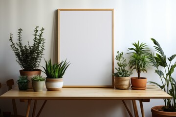 Empty picture frame mockup on wooden desk
