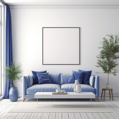 Empty frame hanging on wall in modern living room with blue sofa