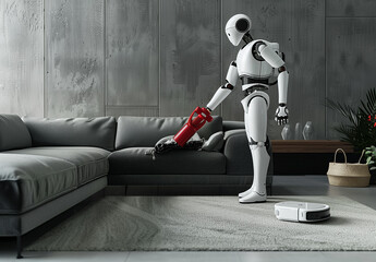 A humanoid ai robot vacuuming a living room. The theme of the evolution of artificial intelligence.