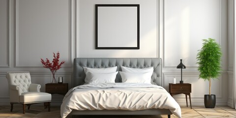 Empty frame hanging on wall in modern bed room