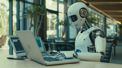 AI humanoid robot sitting at an office desk, typing on a laptop keyboard, symbolizing evolution, technology, and AI training.
