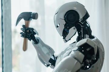 A cyborg AI robot with a white and silver color scheme holds a hammer in a bright living room with a screen on its arm. Theme evolution of artificial intelligence.