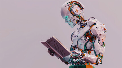 AI humanoid robot holding and reading an open book, symbolizing the evolution of technology and knowledge.