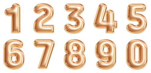 Number of voluminous balloon shapes from 0 to 9. 3d, Transparent background. Resources in png. (gold)