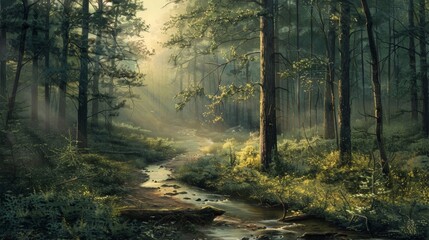 A babbling brook winding through a forest of tall trees the perfect subject for a serene nature sketch.